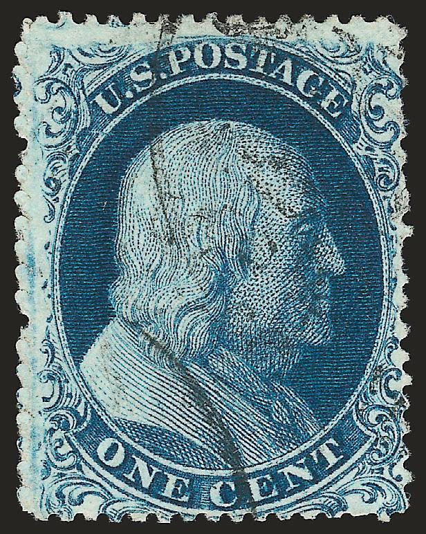 1c Blue, Ty. Ia (19).> Deep rich color on bright paper, light strike of circular datestamp cancels, small thin spot at top center, short perf at right not mentioned on accompanying certificate<><>^VERY FINE
APPEARING USED EXAMPLE OF THE 1857 PERFOR