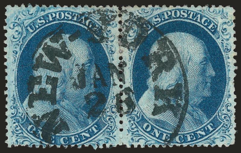 1c Blue, Ty. IIIa (22).> Horizontal pair from Plate 11, rich color, neat strike of New-York Jan. 26 circular datestamp, right stamp tear at top and pulled perf at right, appears Very Fine, with 2005 P.S.E.
certificate