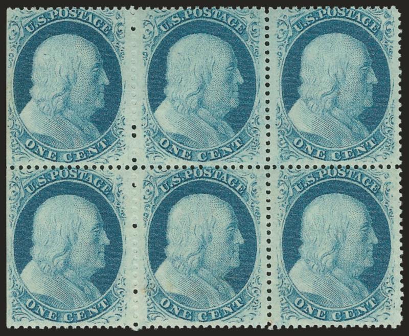 1c Blue, Ty. V (24).> Block of six, <five stamps Mint. N.H.> (lightly hinged at lower right), natural s.e. at left, beautiful bright shade and well-centered, Fine-Very Fine, Scott Retail as hinged block of four
and pair