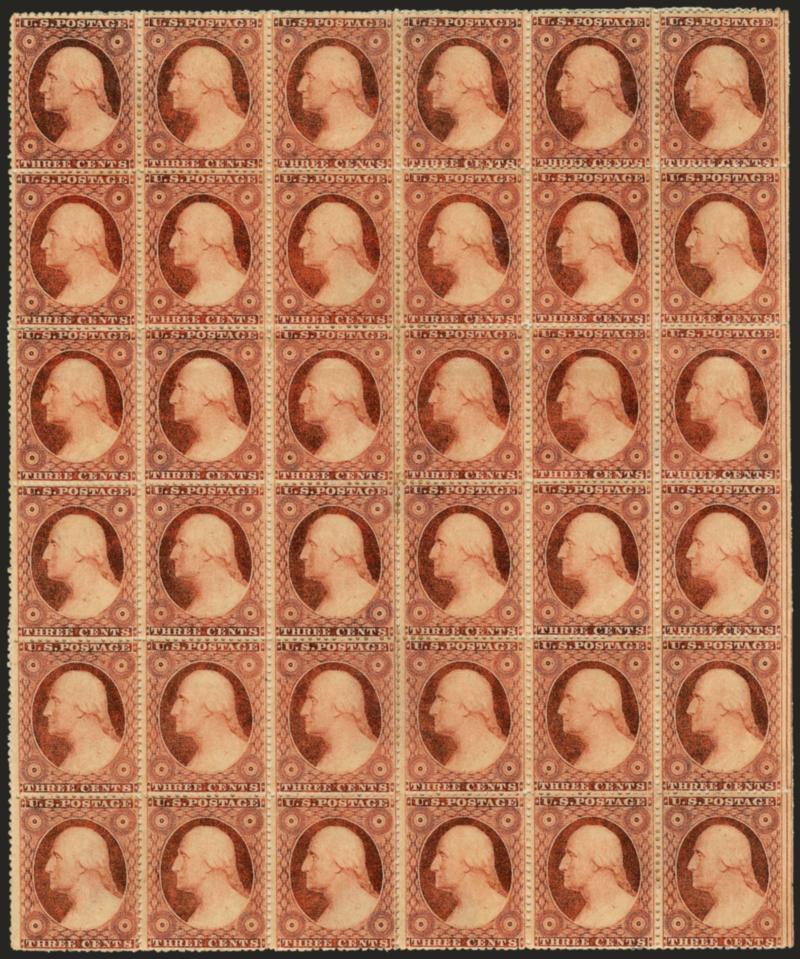 3c Dull Red, Ty. III (26).> Block of 36, original gum, <ten stamps Mint N.H.,> most others h.r. where perf separations reinforced, few flaws incl. horizontal crease and tiny margin tears, some oxidation, still
appears Fine-Very Fine, attractive multi