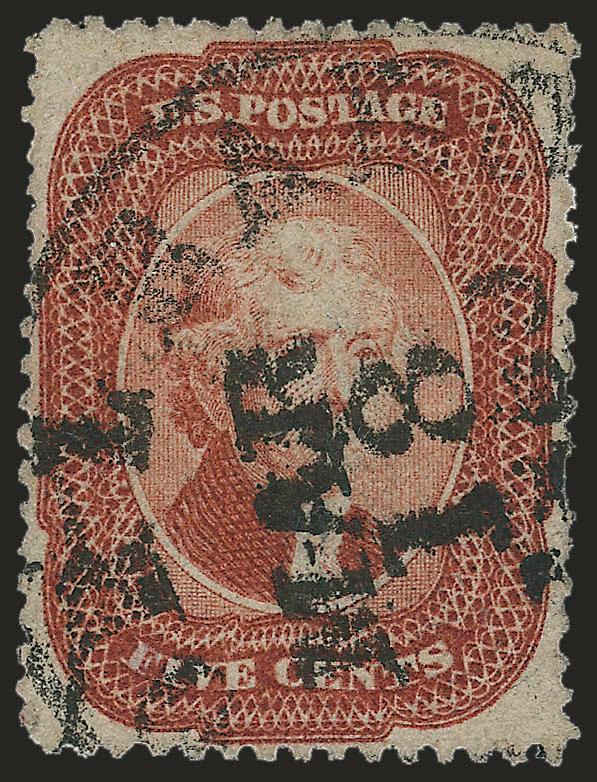 5c Brick Red (27).> Rich color, well-struck 1859 year-dated circular datestamp from New Orleans, well-balanced margins, few nibbed perfs, Very Fine appearance, with 2004 A.P.S. certificate