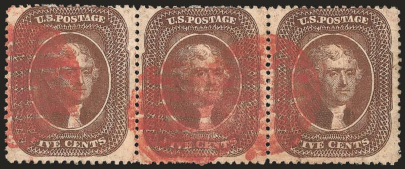 5c Brown, Ty. II (30A).> Horizontal strip of three, rich color, bold strikes of <red grid> cancels, centered to top, Fine, with 2003 P.S.E. certificate