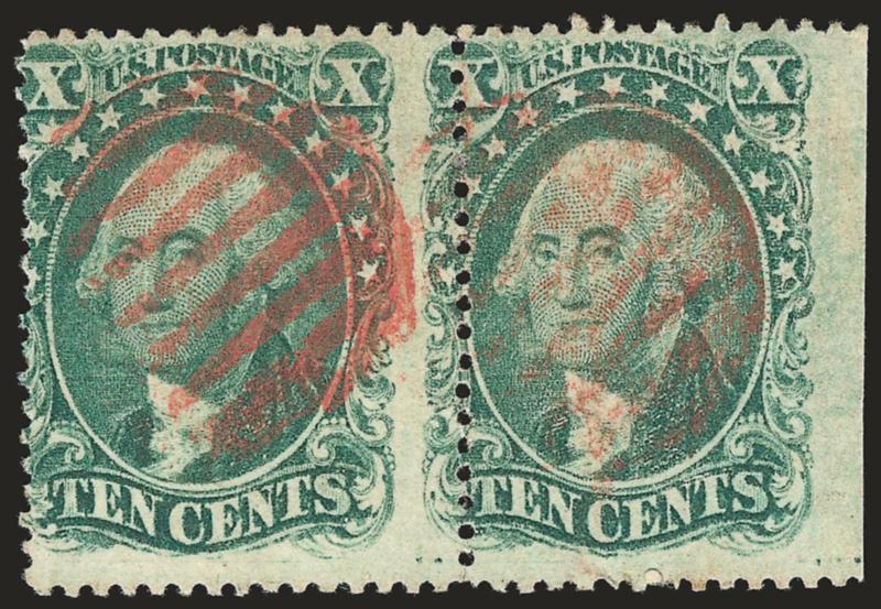 10c Green, Ty. I (31).> Positions 99-100R1, horizontal pair, bright color, perfs shifted significantly to the right and with natural s.e. at right, neat strikes of <red grid> cancels, Fine, unusual pair, with
2004 P.S.E. certificate