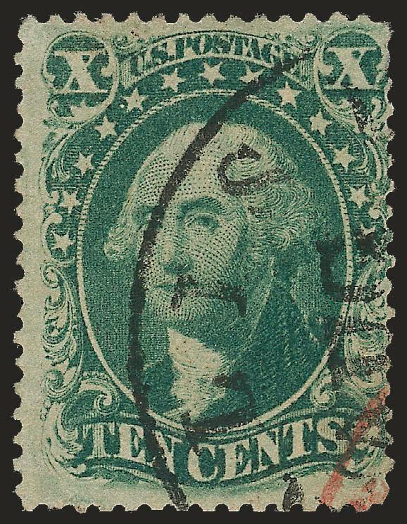 10c Green, Ty. IV (34).> Position 65L1, recut at top, bright shade, neat strike of circular datestamp and with trace of red transit cancel at bottom right, thin spot at top right, light corner crease at bottom
right, appears Fine, with 2004 P.S.E. ce