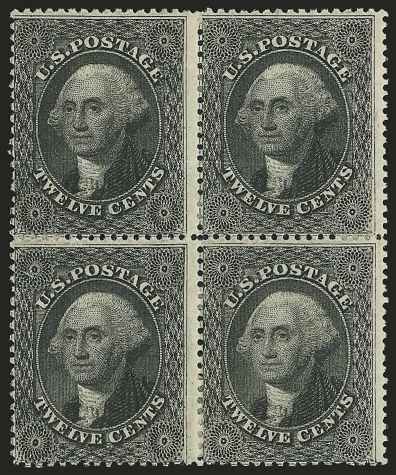 12c Black, Plate 3 (36b).> Block of four, original gum, h.r., intense shade and impression, few flaws incl. light creases, appears Fine, a scarce original-gum block of this issue, with 2005 P.S.E.
certificate