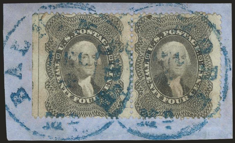 24c Gray Lilac (37).> Horizontal pair with wide <straddle-pane margin> at left, tied by blue Baltimore Md. Dec. 2 circular datestamps on small blue piece, fresh and Very Fine, with 2004 P.S.E.
certificate