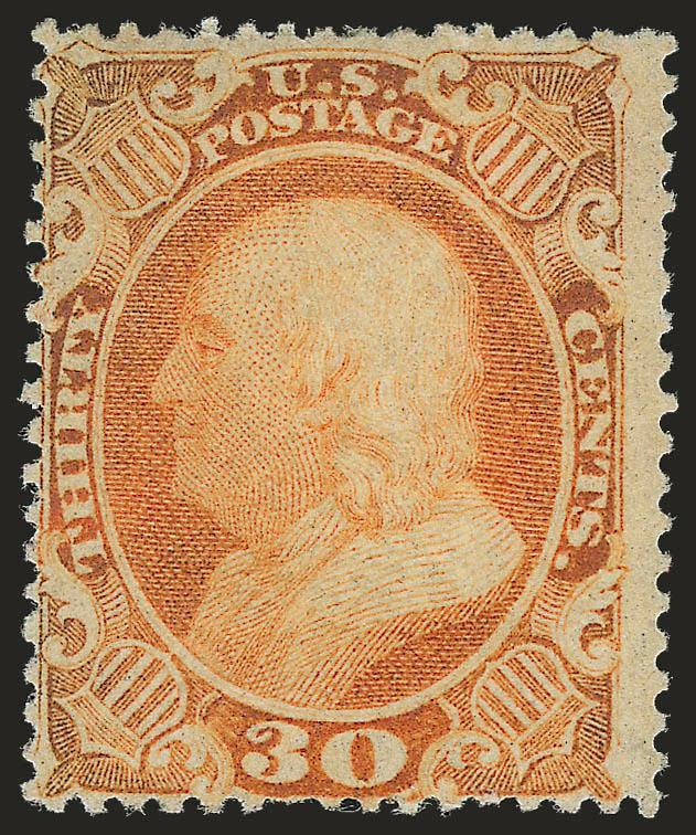 30c Orange (38).> Original gum, h.r., bright color except for some slight oxidation not mentioned on accompanying certificate, reperfed at right, short perf at bottom, appears Fine, with 2001 P.S.E.
certificate