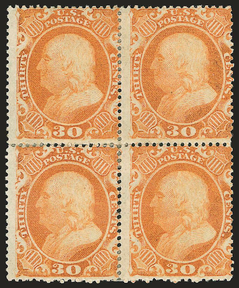 30c Orange (38).> Reconstructed block of four, original gum, wonderful unadulterated rich color, centered to top right, bottom left stamp separated and rejoined, appears Very Good, centering notwithstanding,
this is one of the freshest 30c 1860 block
