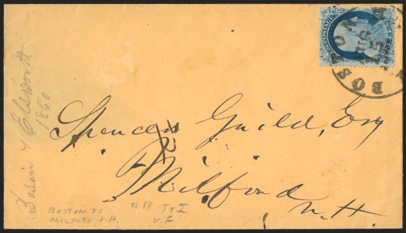 1c Blue, Ty. I (18).> Bright shade, tied by Boston Mass. Aug. 15 circular datestamp on orange cover to Milford N.H., some docketing, fresh and Very Fine