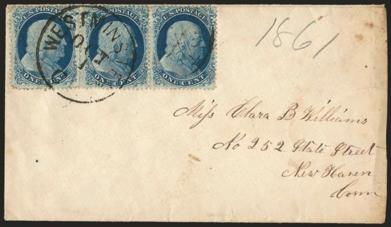 1c Blue, Ty. II (20).> Horizontal pair and single, tied by bold Westminster Ct. Oct. 1 circular datestamp on cover to New Haven, right stamp with additional ms. cancel, covers tears at right, some wear, Very
Fine appearance