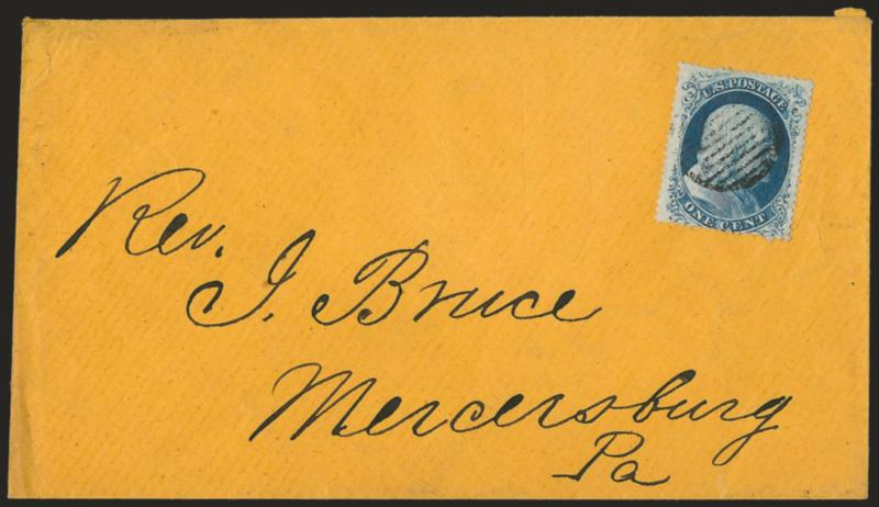 1c Blue, Ty. IIIa (22).> Plate 11, bright shade, cancelled by grid on orange cover to Mercersburg Pa., fresh and Fine, with 1988 A.P.S. certificate
