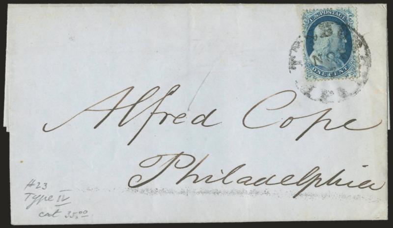 1c Blue, Ty. IV (23).> Recut at top, tied by Pittsburgh Pa. Nov. 7 circular datestamp on blue 1857 folded printed notice from a bank, to Philadelphia, Very Fine, scarce usage