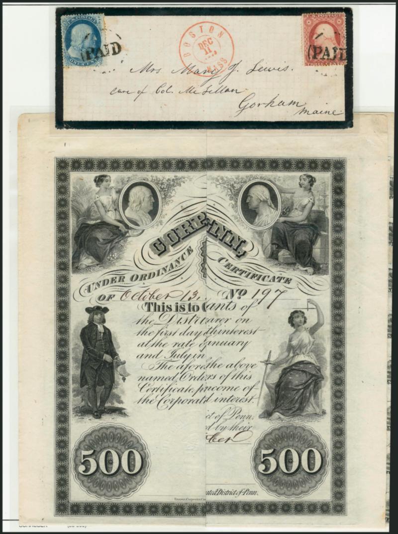 1c Blue, Ty. V (24).> Used with 3c Dull Red, Ty. III (26), each stamp tied by Paid in circle handstamp on mourning cover to Gorham Me., red Boston Mass. Dec. 11 double-circle datestamp, accompanied by stock
certificate which also uses the same tw