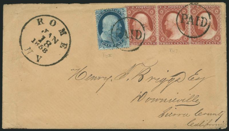 3c Rose, Ty. I (25).> Horizontal strip of three, few perf separations prior to use, <used with 1c Blue, Ty. II (20)> and tied by clear strike of <Paid in circle> handstamps on buff cover to Downieville Cal.,
bold strike of Rome N.Y. Jan. 18, 1858