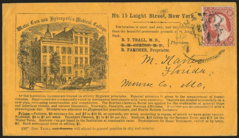 3c Dull Red, Ty. III (26).> Intense shade and impression, tied by New-York Feb. ?? circular datestamp on orange <Water Cure and Hydropathic Medical College illustrated> cover to Florida Mo., Very Fine, beautiful
usage