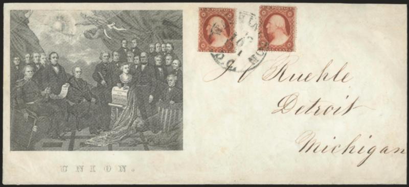 3c Dull Red, Ty. III (26).> Two, tied by Washington D.C. Dec. 10, 1861 circular datestamps on <Compromise of 1850 illustrated campaign cover> to Detroit Mich., slightly reduced at right, stamps with few small
flaws, some expert edge restoration, st