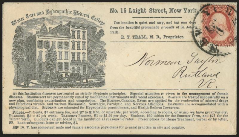3c Dull Red, Ty. II (26).> Two covers, each with single tied by New York circular datestamp on <Water Cure and Hydropathic Medical College illustrated> covers, one on orange cover, Very Fine, attractive pair of
matched covers