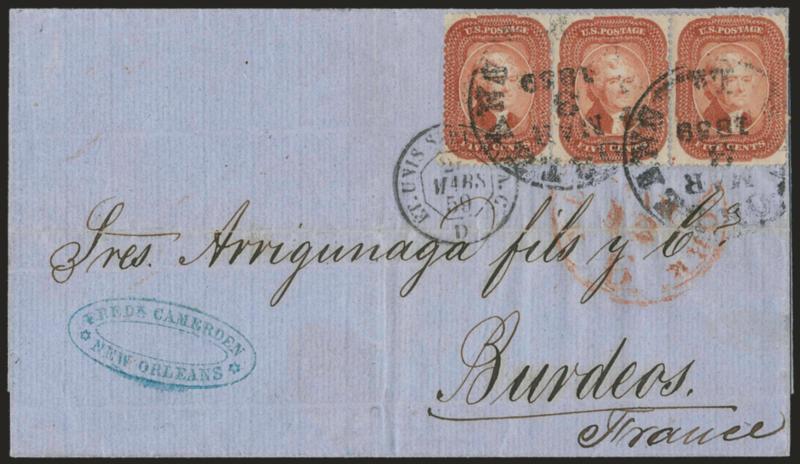 5c Brick Red (27).> Horizontal strip of three, brilliant color, tied by New Orleans La. Mar. 3, 1859 circular datestamps on blue folded letter <originating in Campeche, Mexico, and sent to Bordeaux, France,>
French transit also ties strip, blue Fr
