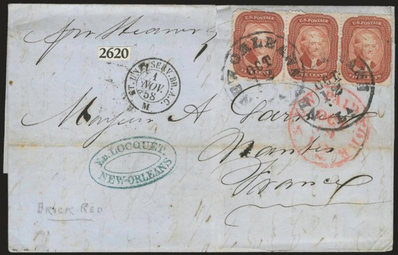 5c Brick Red (27).> Horizontal strip of three, bright color, tied by New Orleans La. Oct. 12 circular datestamps on blue 1858 folded letter <to Nantes, France,> red New York Paid 12 Oct. 19 credit datestamp,
appropriate transits, light horizontal