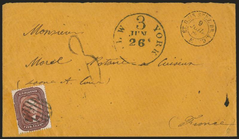 5c Red Brown (28).> Deep rich color, tied by grid, black New York 3 Jun. 26 debit datestamp on orange 1860 cover <to France,> neat 8 decimes due marking, French transits, missing part of top flap, Very Fine, the
partial payment was treated as com