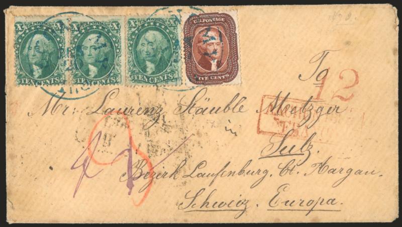5c Red Brown, 10c Green, Ty. III (28, 33).> Horizontal pair and single of 10c, tied by <blue> Economy Ind. Jan. 20 circular datestamps on 1859 cover <to Sulz, Switzerland,> red New-York Am. Pkt. Jan. 29
backstamp, red 12 credit and also red box