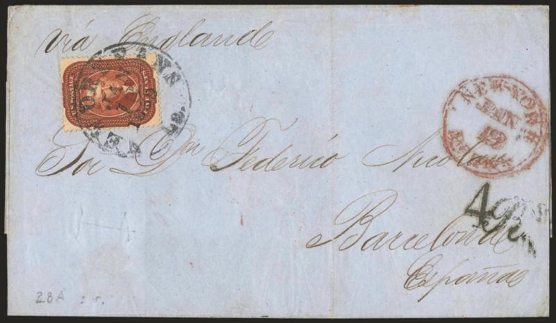 5c Indian Red (28A).> Extremely intense shade with fiery glow, well-centered with perfs clear virtually all around, tied by New Orleans La. Jan. 13, 1859 circular datestamp on light blue folded cover <to
Barcelona, Spain,> from the Nicolau correspo