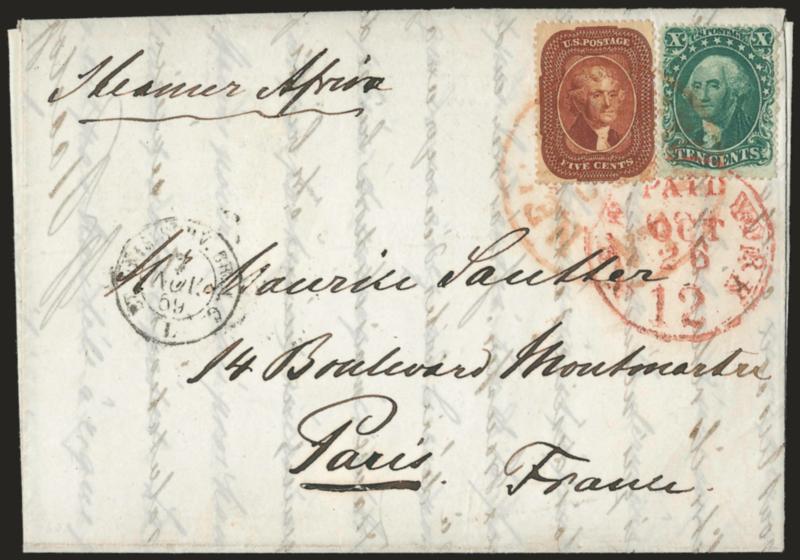 5c Indian Red (28A).> Beautiful rich shade, used with <10c Green, Ty. II (32)> and tied by red New Brighton N.Y. Oct. 25 balloon-style circular datestamp on 1859 folded letter <to Paris, France,> stamps also
tied by red New York Paid 12 Oct. 26 c