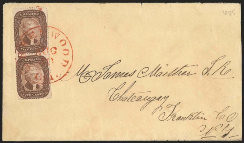 5c Brown (29).> Vertical pair, Positions 1323R1, <bottom stamp has transfer flaw,> bright shade, tied by <red Greenwood Cal. Aug. 30> circular datestamp on cover to Chateaugay N.Y., barely reduced at right,
trivial overall soiling, Very Fine, a pr