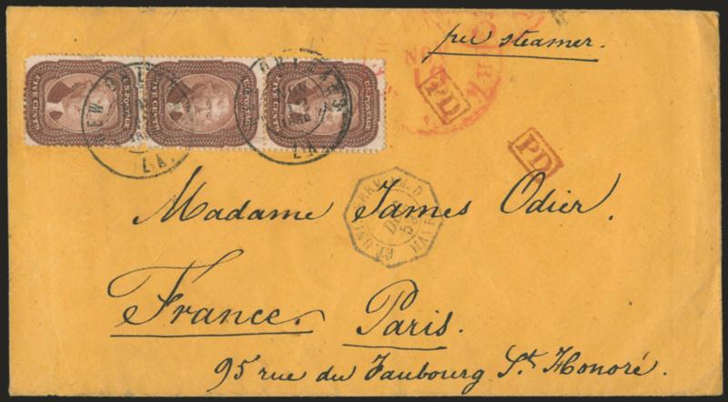 5c Brown (29).> Vertical strip of three, tied by New Orleans La. Nov. 12, 1859 double-circle datestamp on orange cover <to Paris, France,> red New York Paid 3 Nov. 19 credit datestamp also ties strip, Havre and
receiving backstamps, bottom stamp