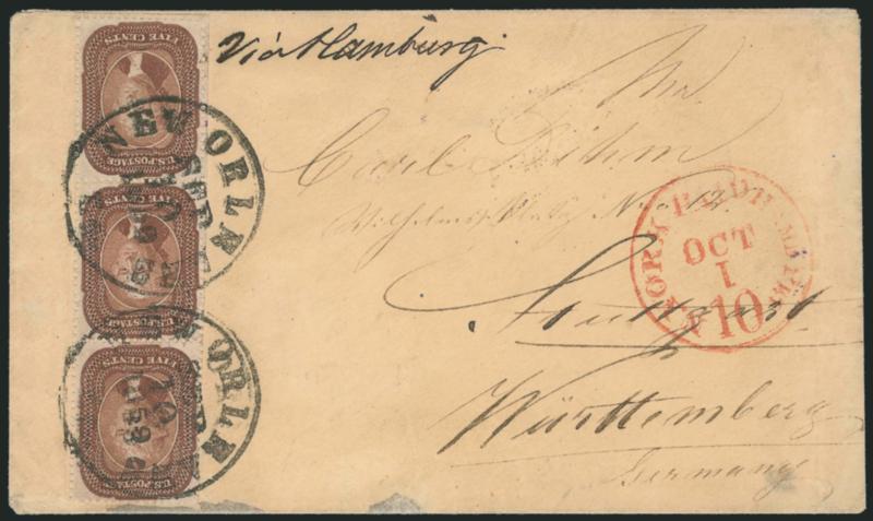 5c Brown (29).> Vertical strip of three, perfs intact from scissors-separation, tied by New Orleans La. Sep. 10, 1859 circular datestamps on cover <to Stuttgart, Germany,> red N. York Paid 10 Hamb. Pkt. Oct. 1
credit datestamp with day slug inver