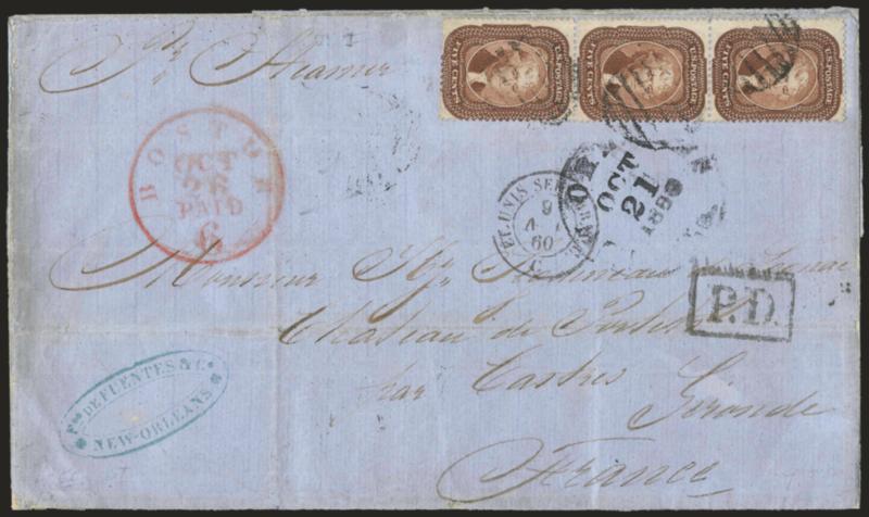 5c Brown (29).> Vertical strip of three, tied by grids, New Orleans La. Oct. 21, 1859 circular datestamp on blue folded letter <to Gironde, France,> red Boston Paid 6 Oct. 26 credit datestamp, transit and
receiving backstamps, Fine