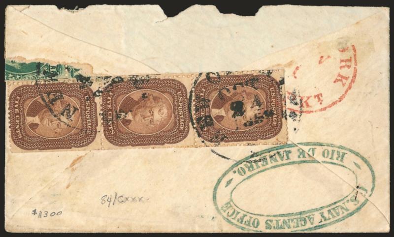5c Brown (29).> Vertical strip of three, perfs scissors-separated but mostly intact, affixed to back of cover and  used with vertical strip of three of <10c Green, Ty. V (35)> which was placed over edge of cover
and is now missing most of two stamps