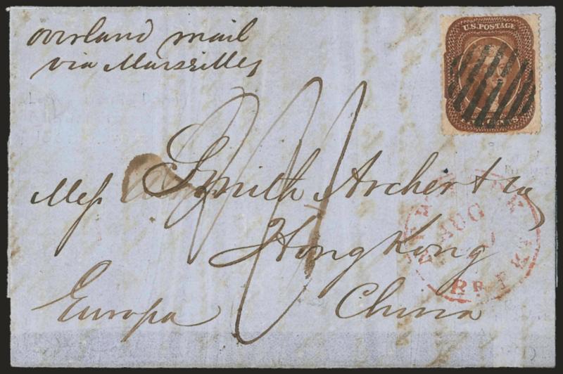 5c Orange Brown, Ty. II (30).> Bright color, cancelled by grid, red New-York Br. Pkt. Aug. 20 circular datestamp on 1861 folded letter <to Hong Kong, China,> London and receiving backstamps, stamp with few
pulled perfs at bottom, some splitting alo