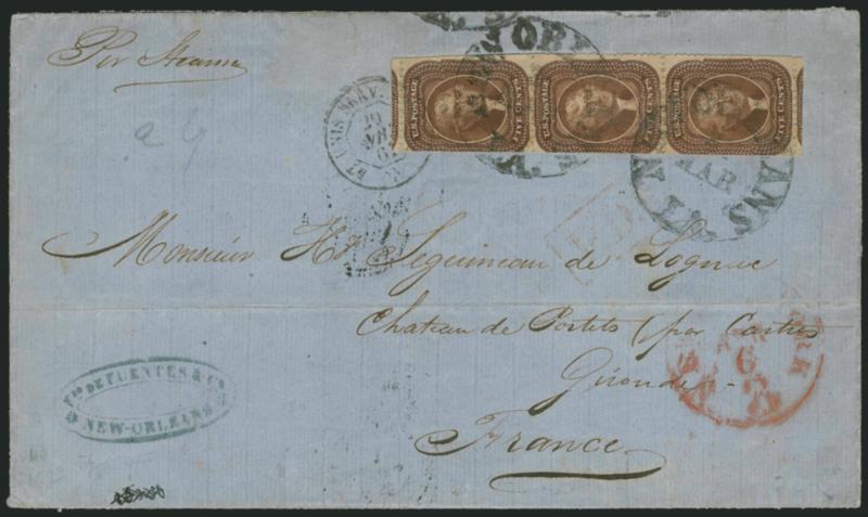 5c Brown, Ty. II (30A).> Vertical strip of three, scissors-separated perfs leaving portions of stamps at top and bottom but cut into at sides, tied by  <New Orleans La. Mar. 21 (1861)> circular datestamp on blue
1861 folded letter <to Gironde, Fran