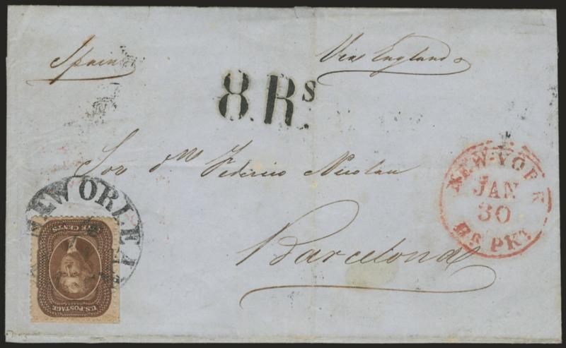 5c Brown, Ty. II (30A).> Huge margins, scissors-separated at top and left and with intact perfs, tied by New Orleans La. 16 Jan. circular datestamp on blue 1861 folded cover <to Barcelona, Spain,> red New-York
Br. Pkt. Jan. 30 datestamp, bold 8R