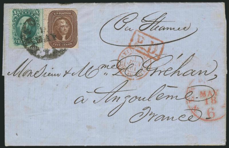 10c Green, Ty. V (35).> Used with <5c Brown, Ty. II (30A),> tied by New Orleans La. ? May circular datestamp on blue 1861 folded letter <to France,> red New York 6c credit datestamp, appropriate transits, Very
Fine, ex J & J