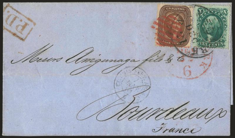 5c Brown, Ty. II (30A).> Used with <10c Green, Ty. V (35),> first tied by red grid, both tied by <New York Dec. 21 Ocean Mail> circular datestamp with integral grid on 1860 blue folded cover <to Bordeaux,
France,> red <Forwarded by B. Blanco, New