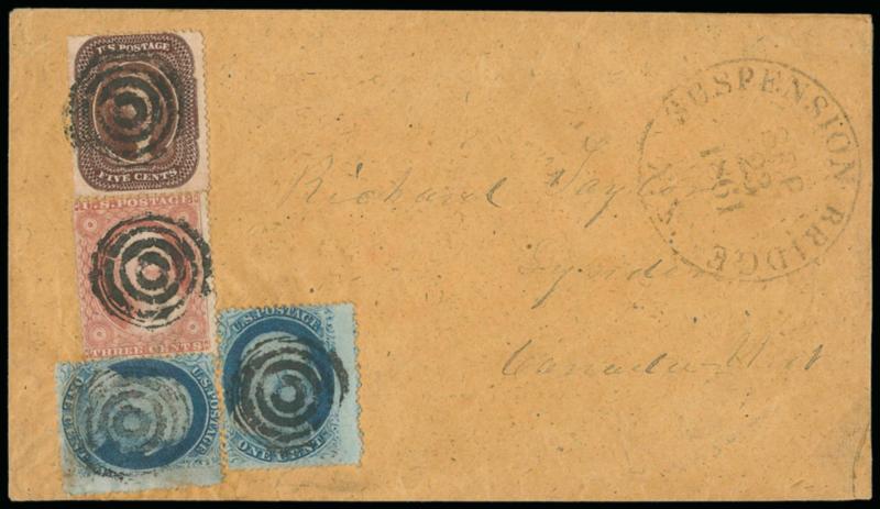 5c Brown, Ty. II (30A).> Dark shade, used with <1c Blue, Ty. V, 3c Dull Red, Ty. II (24 two, 26),> tied or cancelled by targets, Suspension Bridge N.Y. Sep. 23, 1861 circular datestamp on buff cover <to Lynden,
Canada,> Great Western Railway receiv