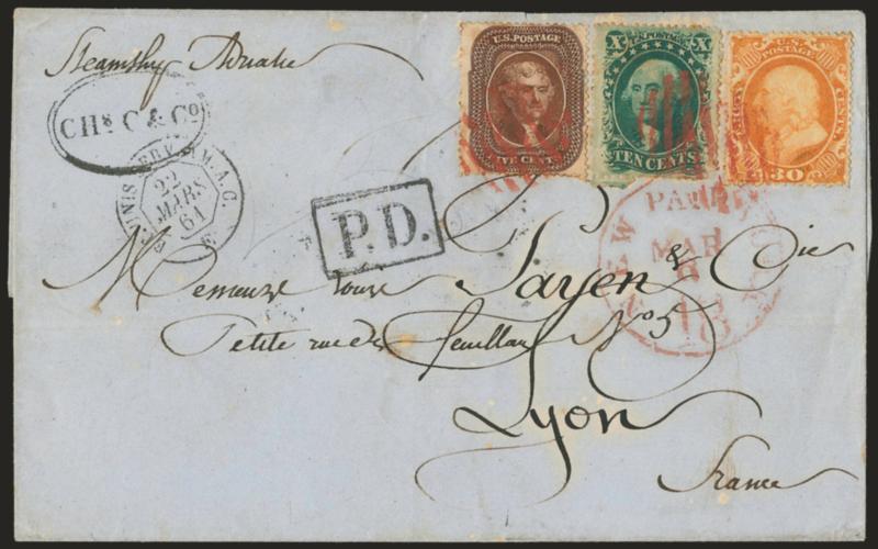 30c Orange (38).> Used with <5c Brown (30A) and 10c Green, Ty. V (35),> tied by <red grids> and matching New York Paid 18 Mar. 9 credit datestamp on blue 1861 blue folded cover <to Lyon, France,> various French
transits, stamps with some age bleach