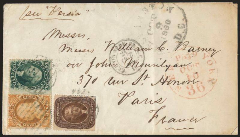 30c Orange (38).> Used with <5c Brown (30A) and 10c Green, Ty. V (35),> tied by large grids, Washington D.C. Oct. 9, 1860 circular datestamp on cover <to Paris, France,> red New York Paid 36 Oct. 10 credit
datestamp, few perfs scissors-separated,