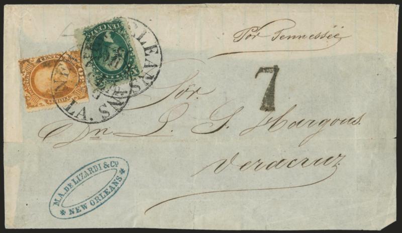 30c Orange (38).> Used with <10c Green, Ty. V (35),> tied by New Orleans La. Dec. 15 circular datestamps on cover front only <to Vera Cruz, Mexico,> bold 7 reales due handstamp, endorsed <<per Tennessee>>, 30c
some oxidation, Very Fine, attra
