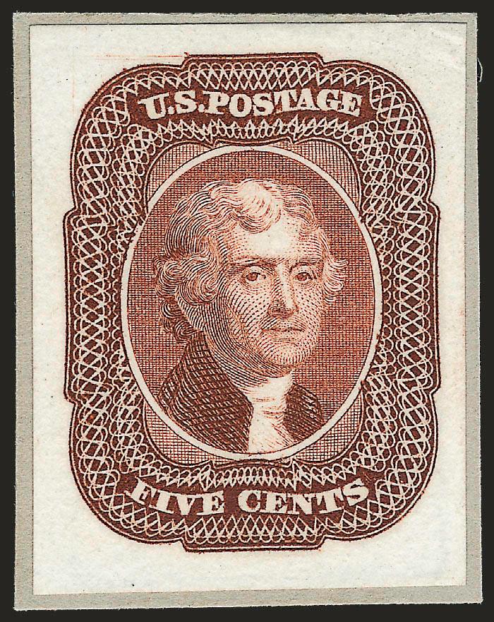 5c Brown, Small Die Proof on Wove (42P2).> On original gray card backing, bright color, fresh and Very Fine, with 1974 P.F. certificate as Scott No. 12P2 (which is unlisted in Scott), the reprints were printed
using the original die