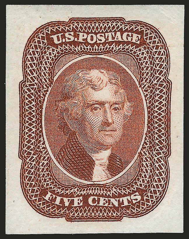 5c Brown, Small Die Proof on Wove (42P2).> Removed from original gray card backing, bright color, fresh and Very Fine