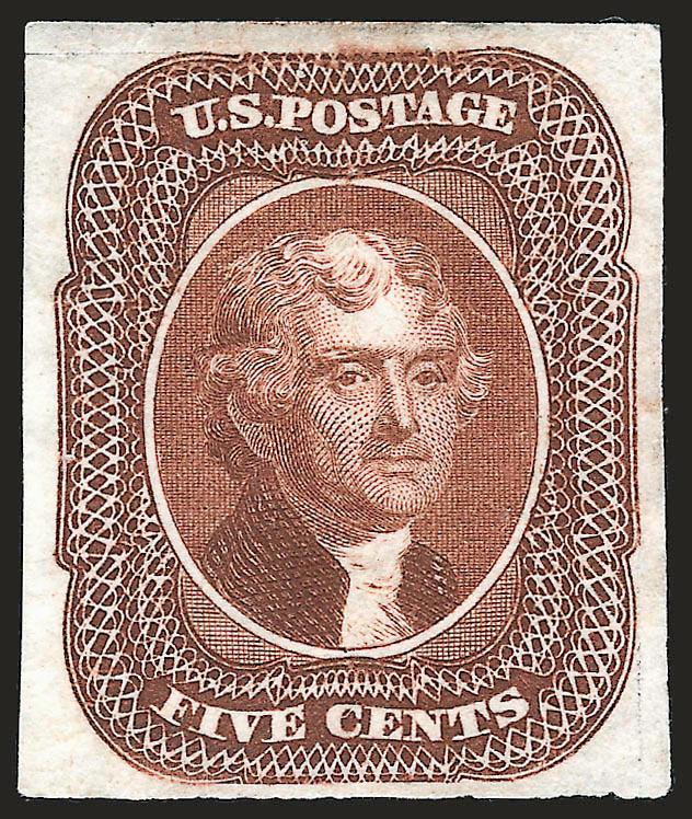 5c Brown, Ty. II, Plate Proof on India (30P3).> D Relief, large margins, bright color, horizontal crease ending in small tear at top, light vertical crease at right, still appears Very Fine, a scarce proof, with
2002 P.F. certificate