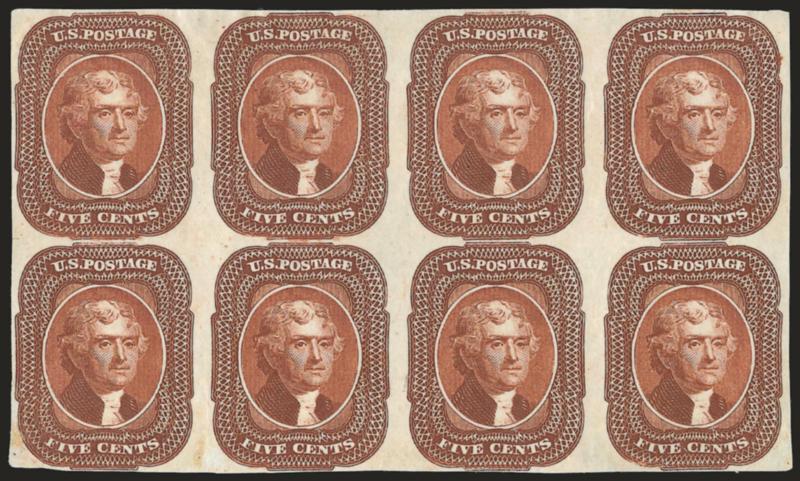 5c Orange Brown, Ty. II, Plate Proof on India (42P3).> Block of eight, bright color, few paper flaws often associated with this fragile paper, portions of outer projections expertly drawn in (not noted on
accompanying certificate), otherwise Fine-Ver