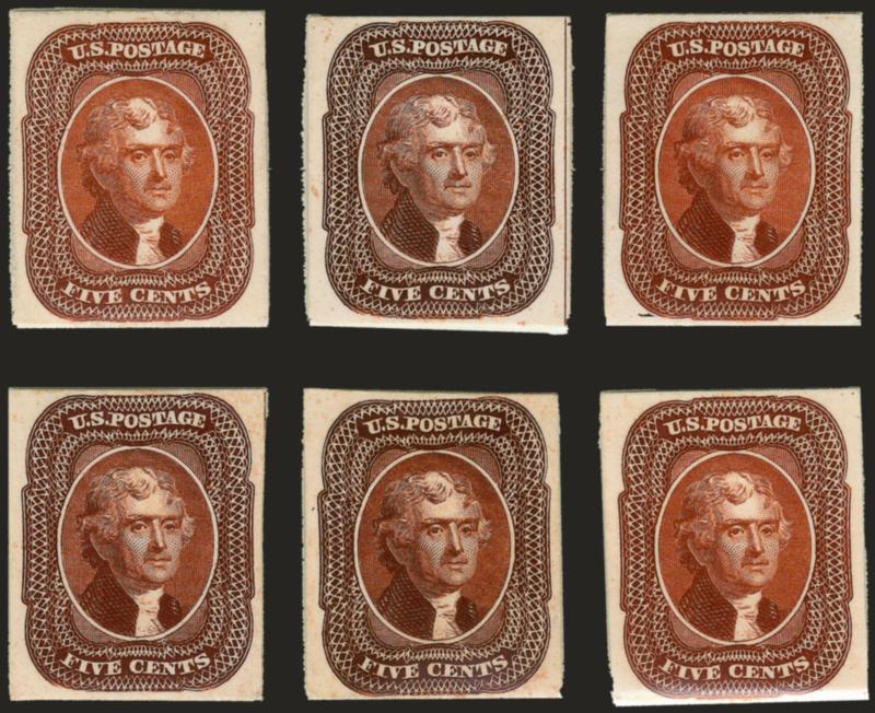 5c Orange Brown, Ty. II, Plate Proofs on Card (42P4).> Six, attractively mounted on album page, each from a different relief and identified as such, fresh and Very Fine, attractive set, accompanied by page
detailing information on the reliefs