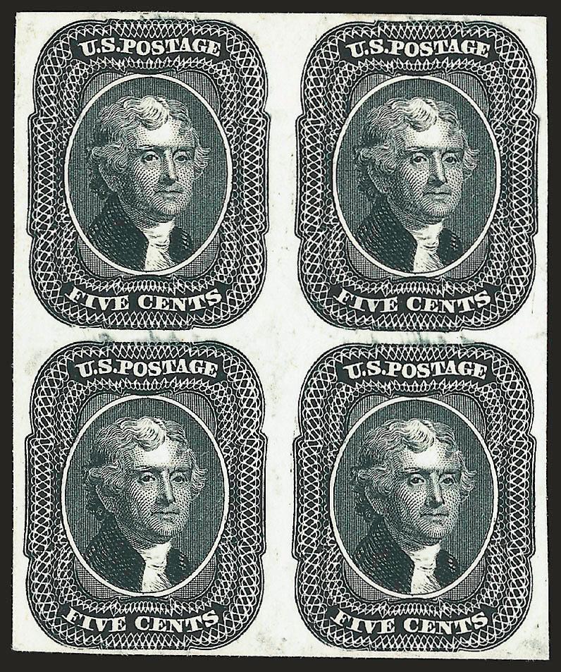 5c 1856 Issue, Atlanta Trial Color Proofs (42TC).> Complete set of all five colors in <blocks of four,> large margins, brilliant colors, Very Fine and choice, reportedly only two sets of blocks of four and one
set of blocks of eight are known