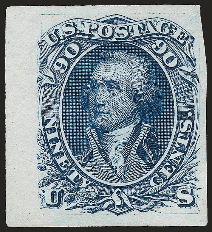 1c-90c 1861-66 Issue, Plate Essays on India (63-E11c, 69-E6d, 72-E7e, 72-E7g).> Large margins to clear incl. last with sheet margin at left, other 90c in Blue Green, few small flaws as often associated with this
fragile paper, Very Fine appearance, l