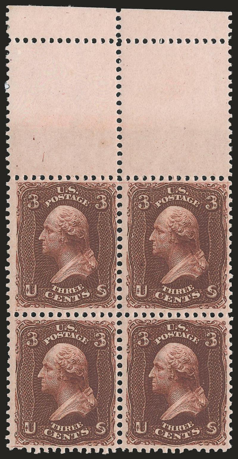 3c 1861 Issue, Plate Essays on Tinted Laid Paper (65-E).> Two blocks of four with selvage at top, papers slightly different and colors significantly different, original gum, Fine-Very Fine