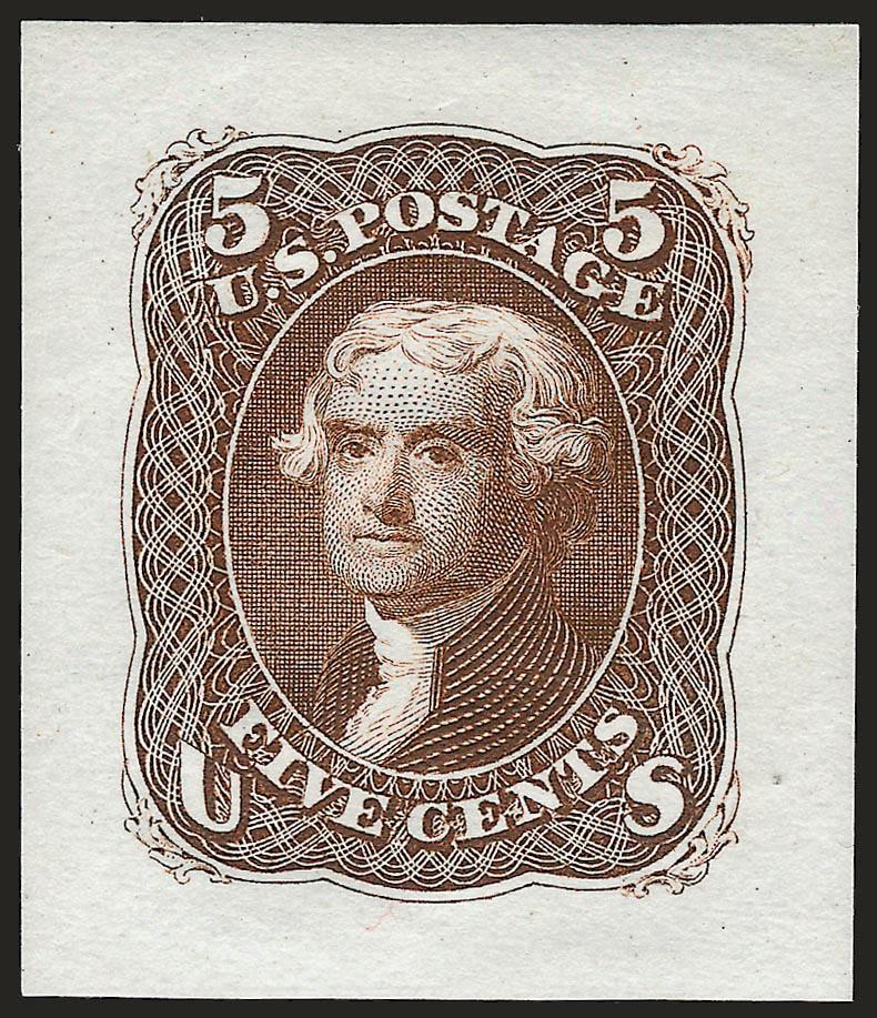 3c Dim Deep Red, 5c Brown, Small Die Proofs on Wove (65-E15d, 67-E9b formerly 56P2, 57P2).> Removed from original gray card backing, brilliant colors, 3c small scuff at right, appear Very Fine